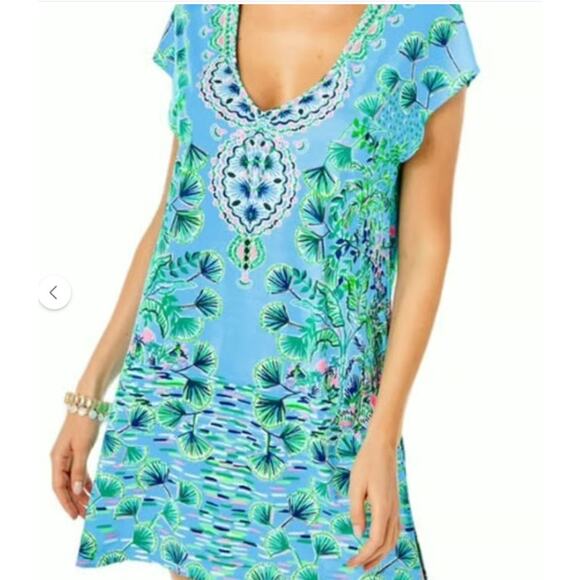 Lilly Pulitzer XL Talli V-Neck Swim Coverup Dress in Aqua Blue Mosaic Shells